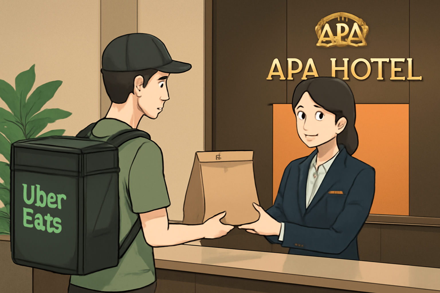 アパホテルでウーバーイーツは利用可能ですが、受け取りはロビーが原則です