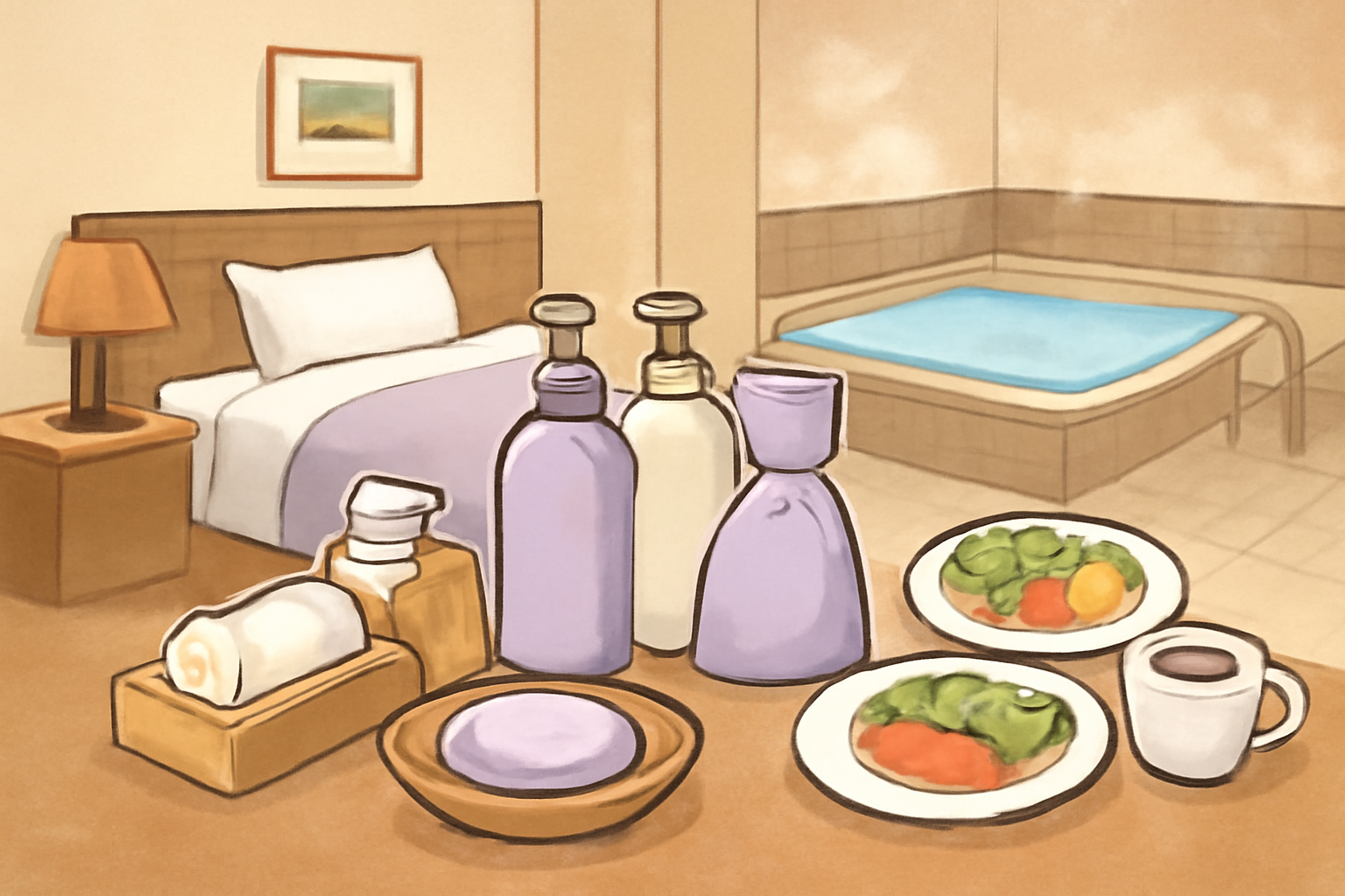 アメニティは「客室＋バイキング＋大浴場バー」で不足を埋められます