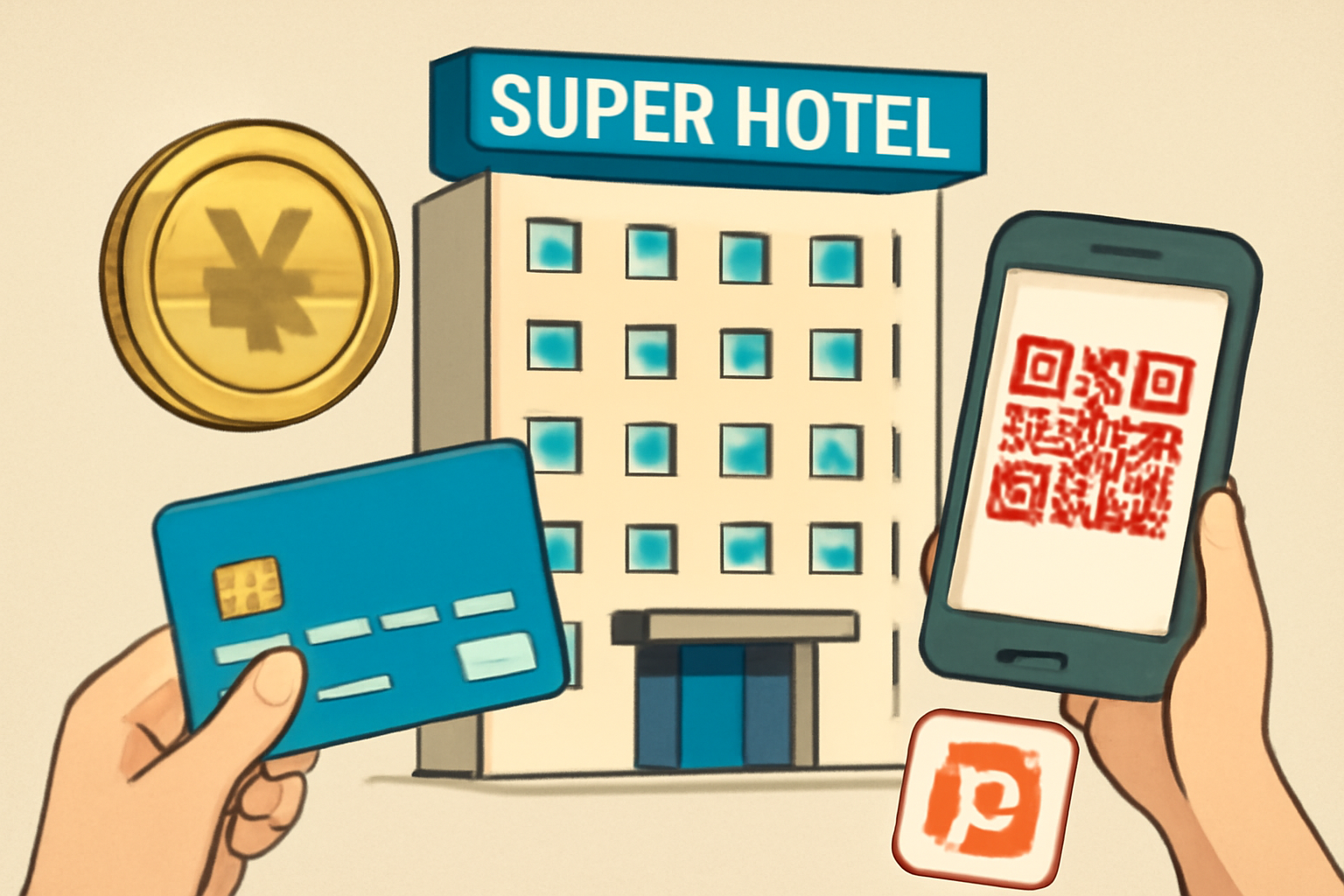 スーパーホテルは現金からQR決済まで幅広く対応しつつ、店舗差があるホテルです